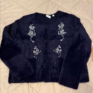 Cyrus Navy Blue Fuzzy Cardigan with White Floral Embroidery